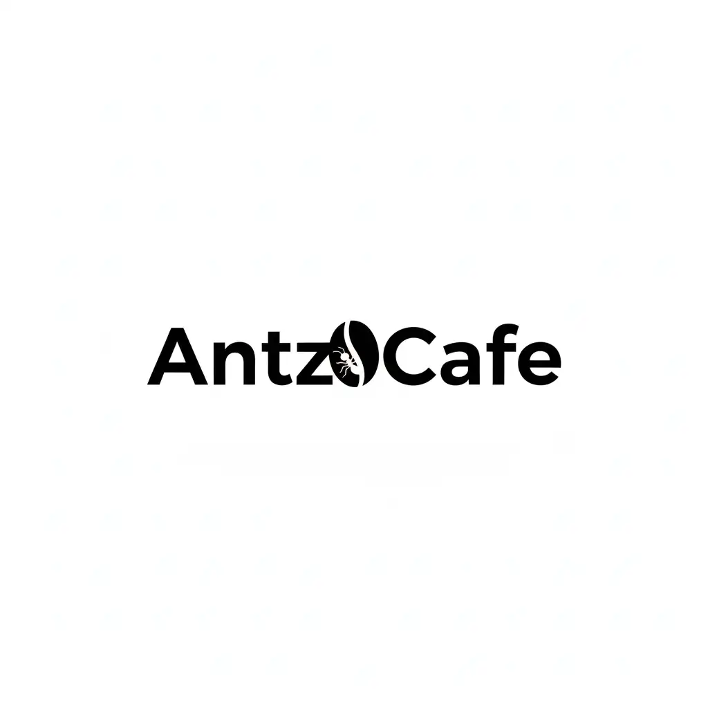 黑白極簡 Antz Cafe 標誌，粗體乾淨無襯線字體，配簡潔風格化咖啡豆圖示。