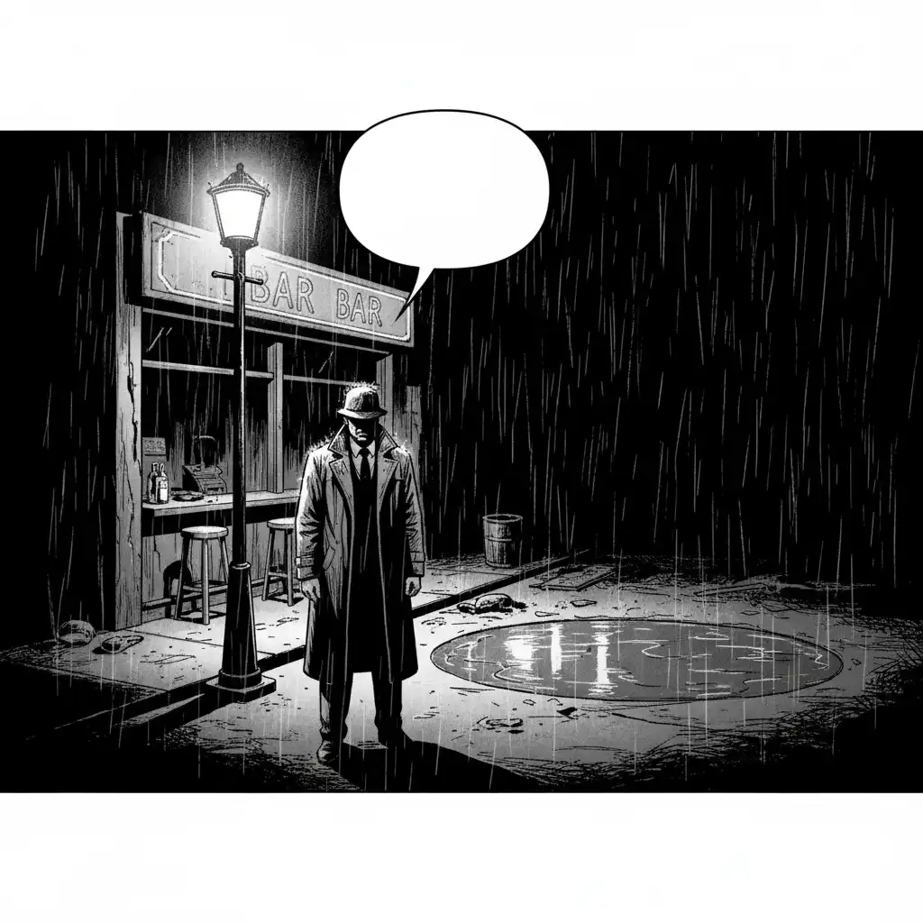 高對比黑白雨夜漫畫分鏡，風衣偵探站路燈下，遠處 BAR 霓虹倒映水漥，上方留白對話框空間。