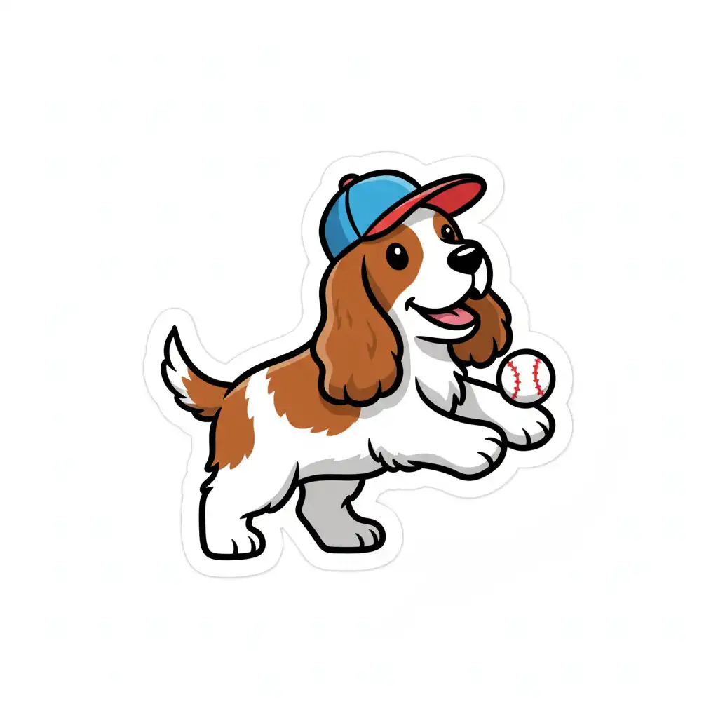 Cute stylised sticker of a happy English Cocker Spaniel wearing a tiny baseball cap and playing with a miniature baseball toy on a clean white background.