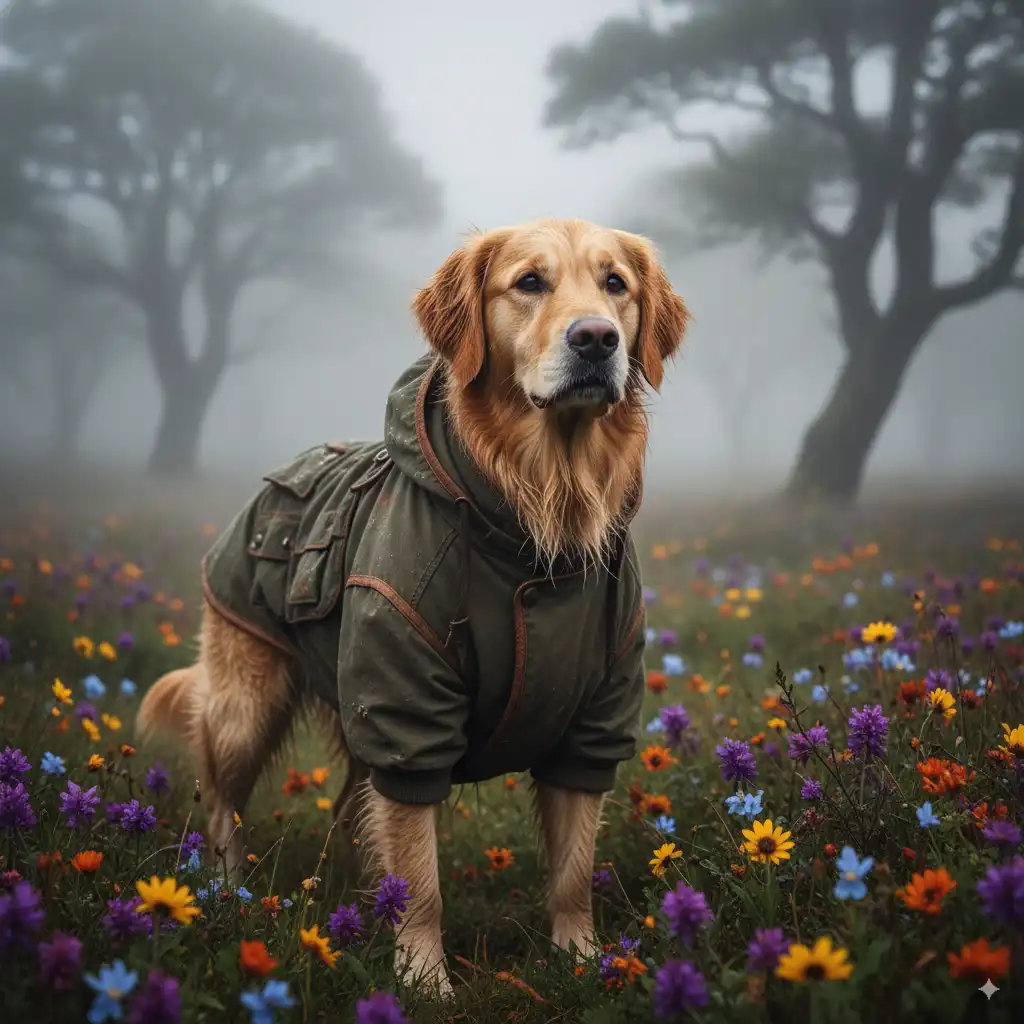 Adventure dog in detailed green jacket standing in a misty wildflower meadow with purple, orange and yellow blooms, calm and alert.