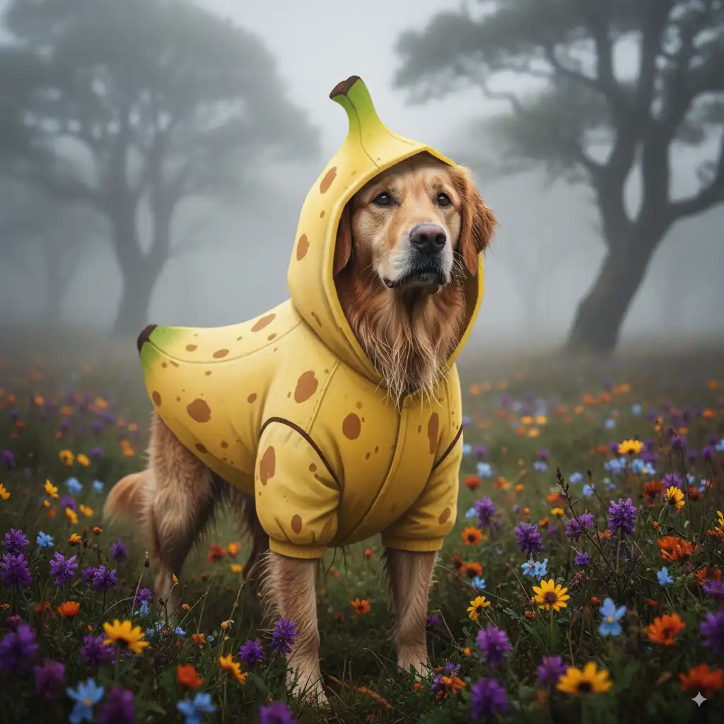 Banana-themed jacket adventure dog in misty meadow with purple, orange and yellow wildflowers, steady and curious.