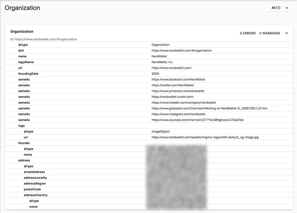 Screenshot of NerdWallet Organisation schema with zero errors, illustrating structured data implementation for SEO and AI understanding.