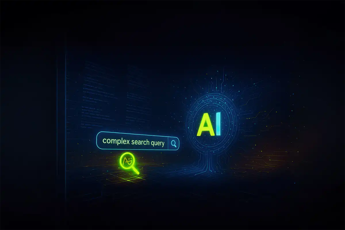 OG_Featured 霓虹「AI」與顯示「complex search query」的搜尋欄，象徵 Google AI 模式支援更長查詢與代理人完成任務。