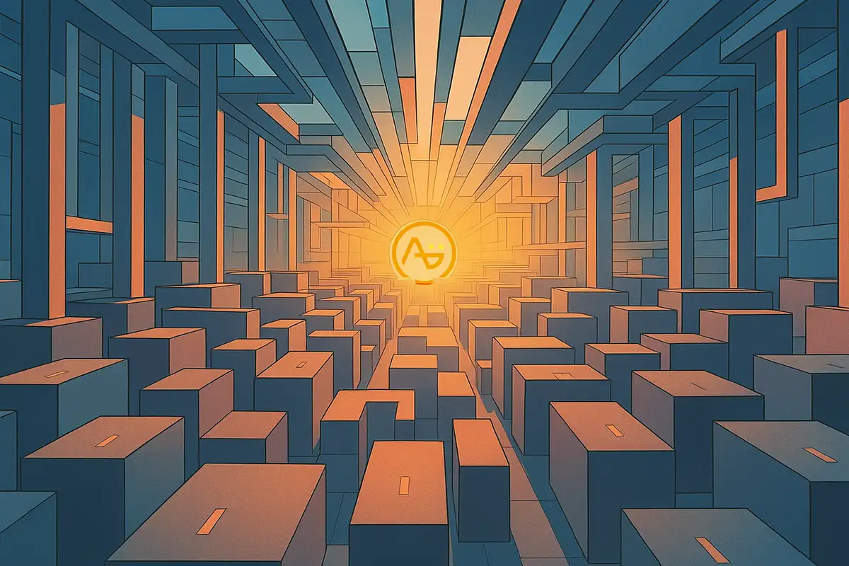 抽象數據建築走廊朝向日光與「A」標誌，象徵在複雜中尋找清晰，用以詮釋 Google 排名六大真相與 AI 時代「使用者優先」SEO 思維。