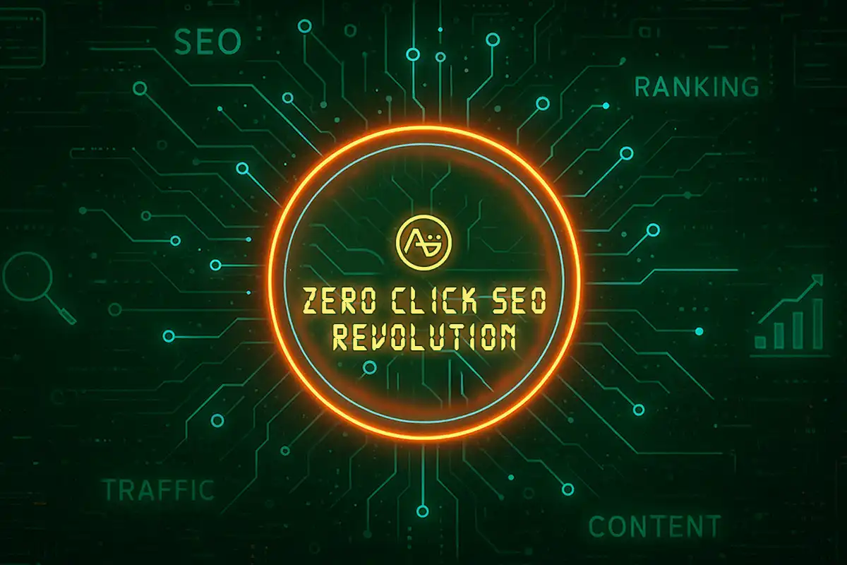 Minimal graphic with keywords “Zero Click, SEO, Ranking, Traffic, Content,” illustrating the AI-driven shift to LLM optimisation.