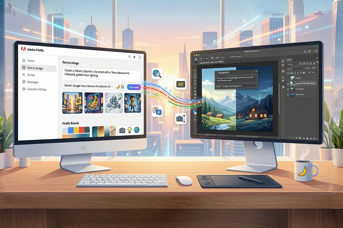 雙螢幕創作場景：左側為 Adobe Firefly 的「文字轉圖像」介面、右側為 Photoshop 進行生成式編修；以 Gemini 3 Nano Banana Pro 為模型，彩色箭頭連結兩者，背景為都會天際線與 4K、在地化等圖示。