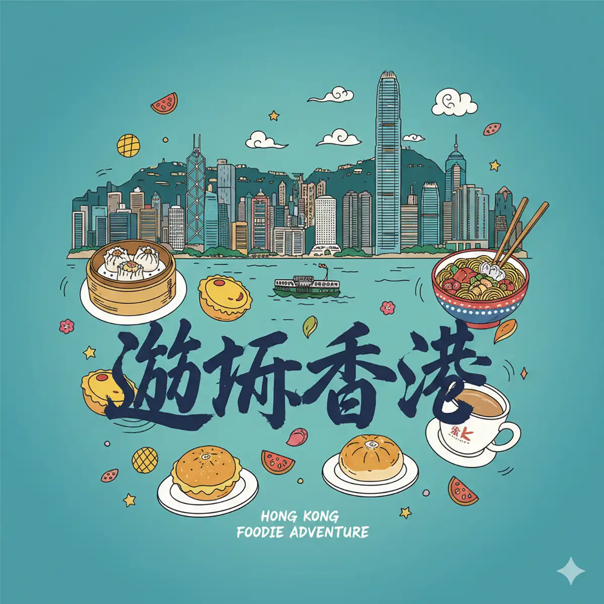Flat hand‑drawn poster with a teal‑blue background showing Hong Kong skyline (IFC, Bank of China, Star Ferry) and local foods—dim sum, pineapple bun, egg tart, milk tea—featuring large cursive Chinese calligraphy reading “遊玩香港”.