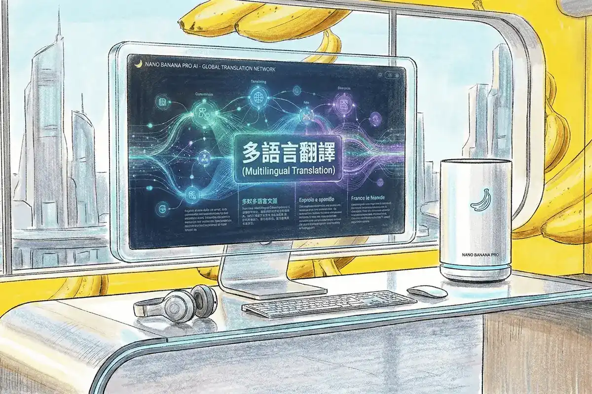 OG_Featured Futuristic studio desk with a monitor displaying “Multilingual Translation” on Nano Banana Pro AI, city skyline, headphones and a compact device—signalling Gemini‑powered precision, control and pro‑grade image creation.